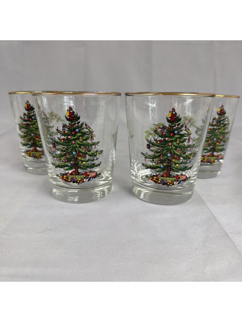 Set of 4 Spode Christmas Tree Double Old Fashioned 14 oz Gold Rimmed Glasses